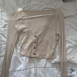 ALO Yoga Cream Ribbed Button-Up Top